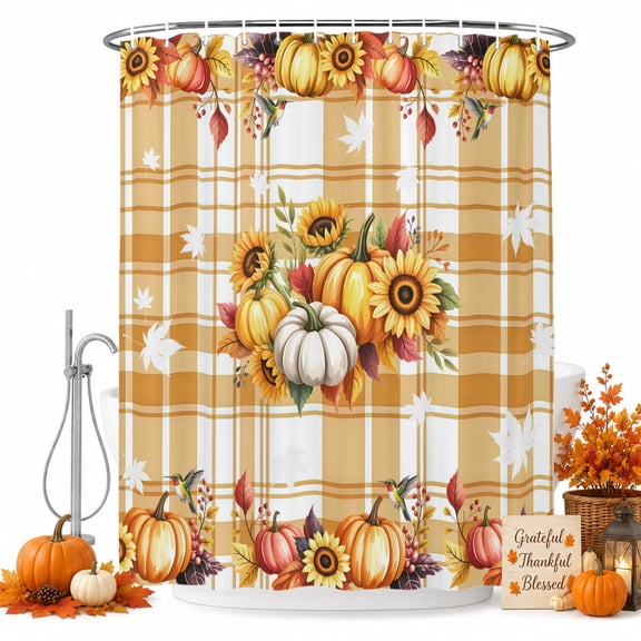 Shower Curtains for Bathroom-36"x72",Thanksgiving Pumpkin Floral on Tartan Waterproof Bath Curtain Grommet Shower Curtain Set with Hooks
