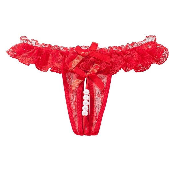 Gibobby Verano calzoncillos adelgazantes Tanga encaje con abierta para mujer Bragas transparentes con perlas masaje(Rojo, XL)
