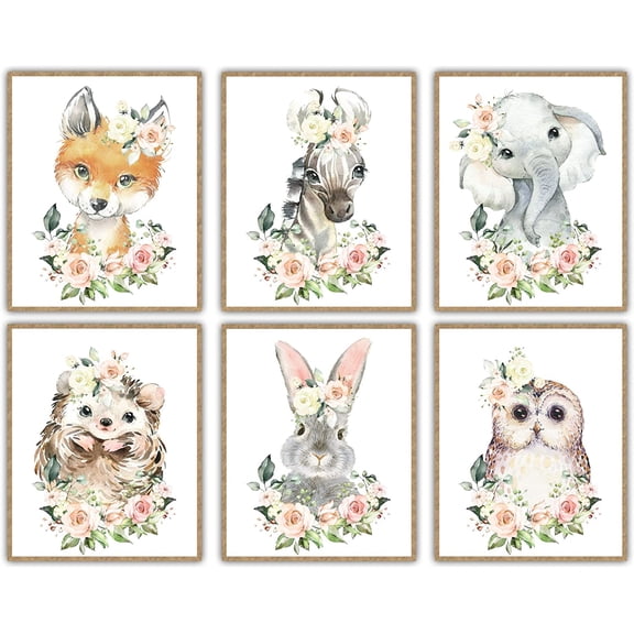 Playful Animal Canvas Poster Prints (8"x10",UNFRAMED) Make Your Baby Girl's Nursery Stand OutSet Of 6 Rabbit, Hedgehog, Fox, Zebra, Elephant, and Owl Canvas Poster