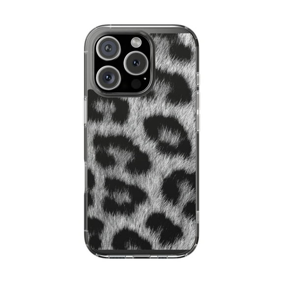 DistinctInk Clear Hybrid Case for Apple iPhone 16 Pro (6.3" Screen) - Black White Snow Leopard Fur Print - Wireless Charging Compatible