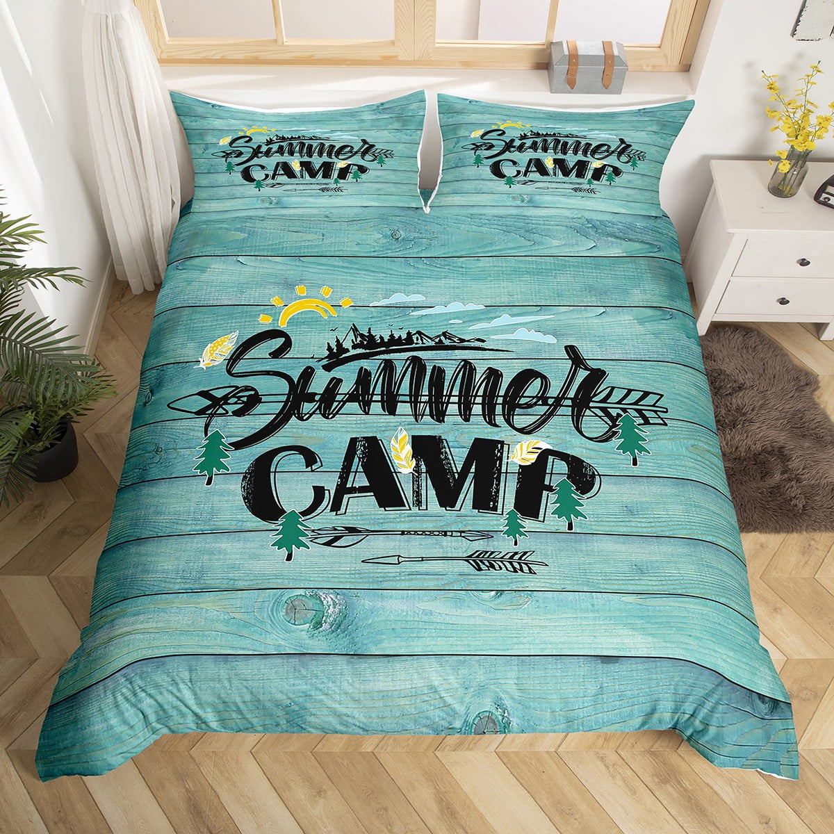 Kids Camping Duvet Cover Twin Happy Summer Camp Bedding Set Camper