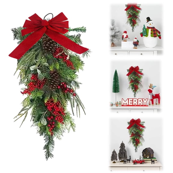 (Clearance) XIANXIAN Christmas Swag Outdoor Teardrop Swag Christmas Teardrop Wreath- 17.7 Inch Green Evergreen Stair Swag Decorated with Red Velvet Bow Ribbon,Ball Ornaments for Front Door Stairway