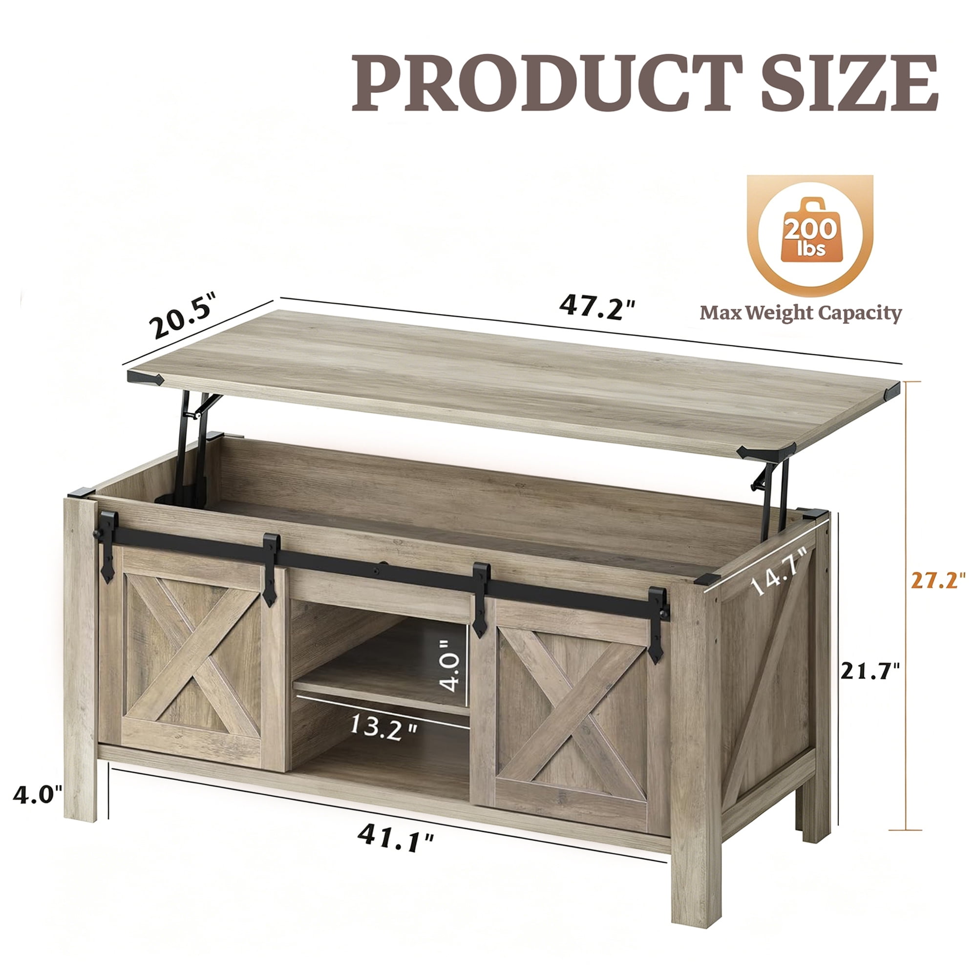 GALAXHERO 47.3" Farmhouse Lift Top Coffee Table with Sliding Barn Doors, Large Hidden Storage Compartment and Adjustable Shelf for Living Room, Office, Greige