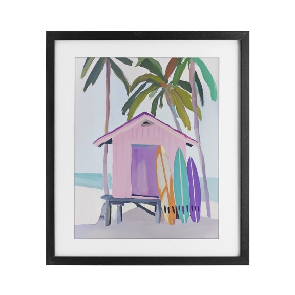 Stupell Industries Tropical Pink Beach Hut with Surfboards Black Framed Print Under Glass, 13 x 16, by Sisi and Seb
