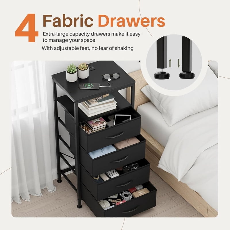 Kelno Nightstand with Charging Station Variable LED Strip End Table with 4 Fabric Drawers USB TypeC Outlets,Black