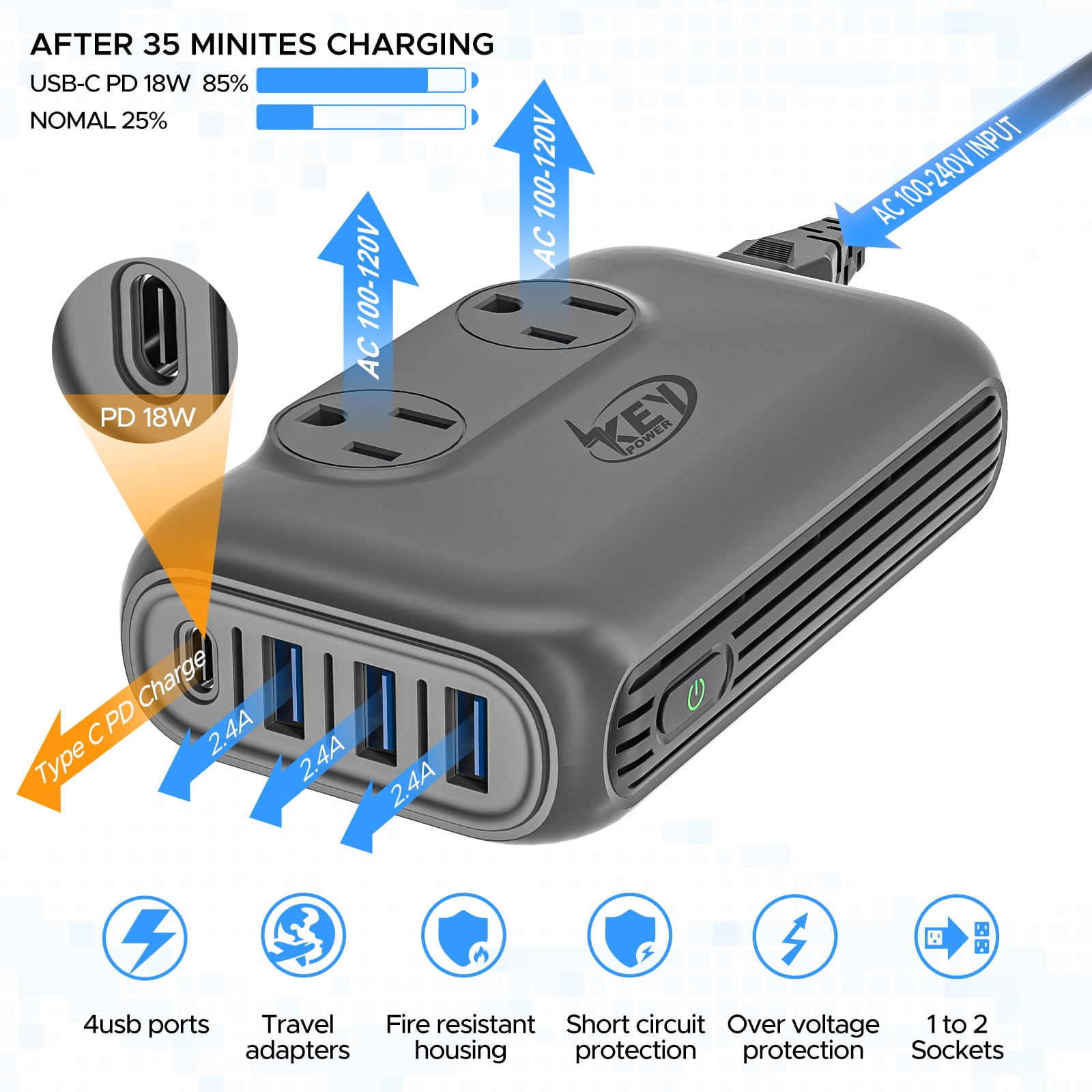 Key Power Power Converter, 230W Step Down 220V to 110V Voltage Converter with USB-C 18W International Travel Adapter Kits for EU UK US AU India More Than 150 Countries