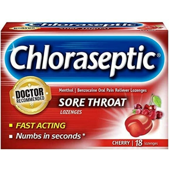 Chloraseptic Benzocaine Oral Pain Reliever Sore Throat Lozenges Cherry 18 ct