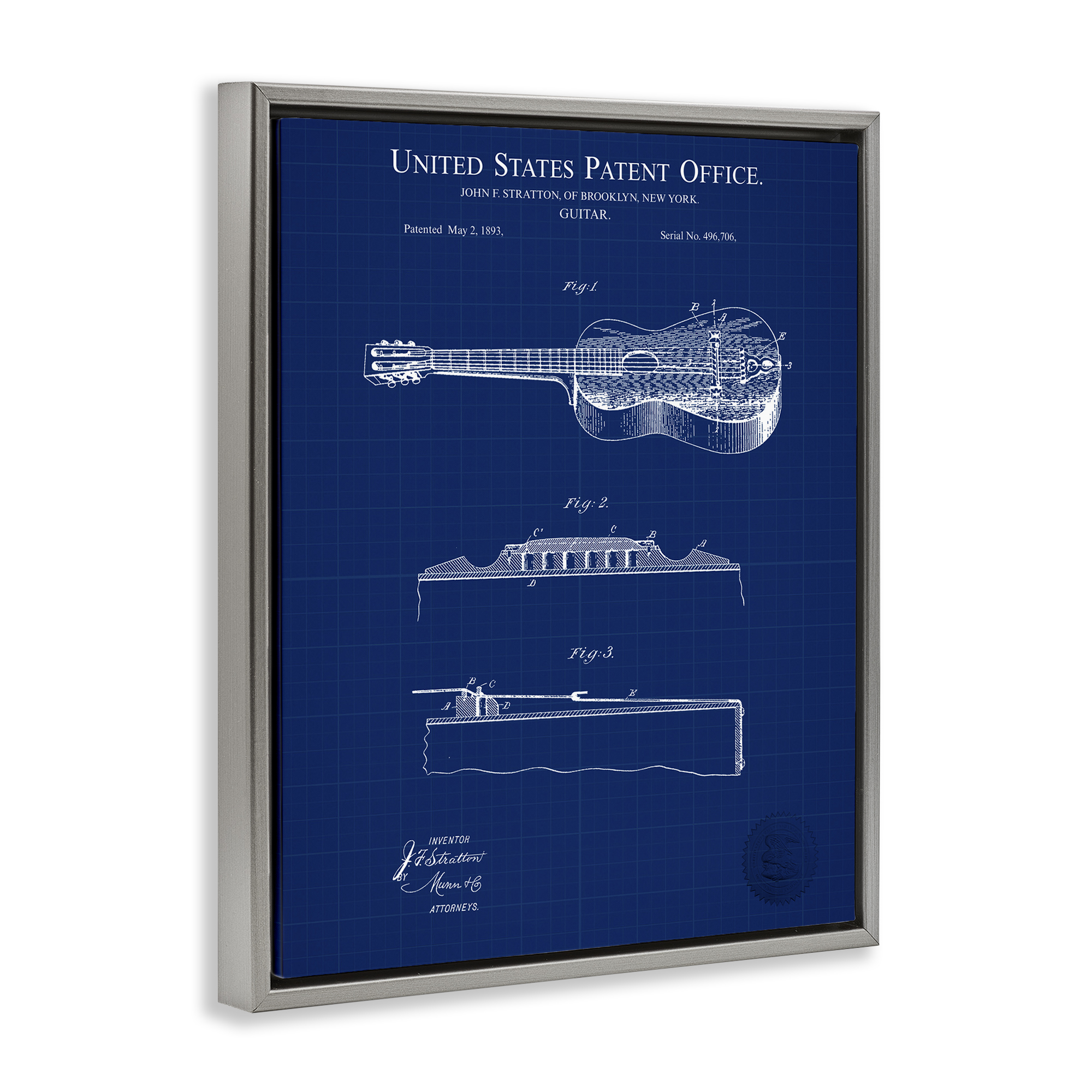 Stupell Industries Acoustic Guitar Blueprint Performing Arts Painting Gray Floater Framed Art Print Wall Art, 17 x 21