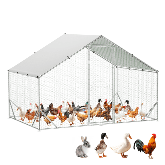 9.8' x 6.5' x 6.5' Chicken Coop Outdoor for 6-8 Chickens, Ducks, Rabbits and Small Animals, Large Poultry Cage with Waterproof Cover, Heavy Duty Galvanized Steel Frame & Predator Proof Wire Mesh