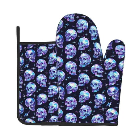 

Jgfou crystal Skull Pattern Oven Mitts and Pot Holders Sets Heat Resistant Oven Mittens Soft Lining Extra Thicken Long Kitchen Cotton Oven Glove for Cooking