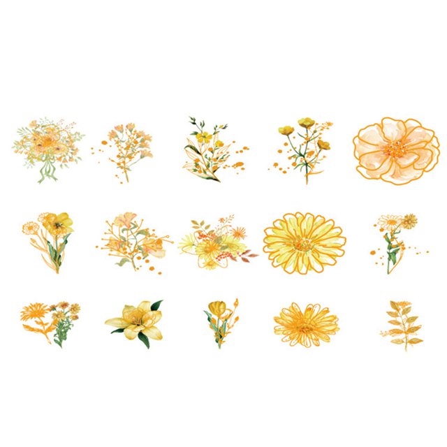 CAROOTU 30 PCS Watercolor Scrapbooking Sticker Pack Simulation Flowers Plant Transparent Decal Collection