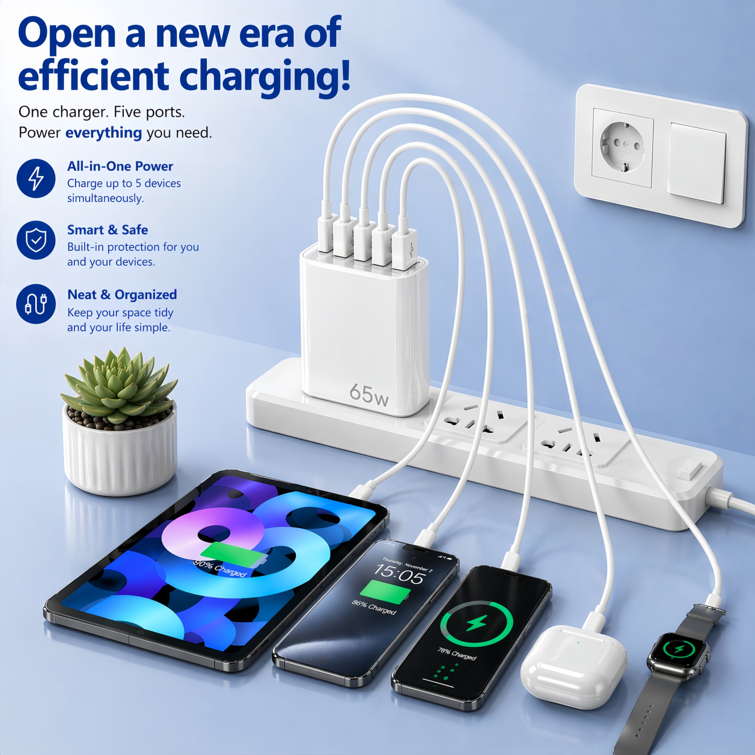 QINIUXO 65W USB-C Wall Charger with 2 Cables, White photo 2