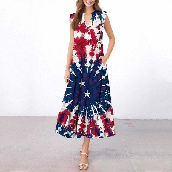 Nmnitkp Dresses for Women Independence Day print Fashion Casual Printed V-Neck Pullover Sleeveless Pleated Irregular Dress Coffee,M