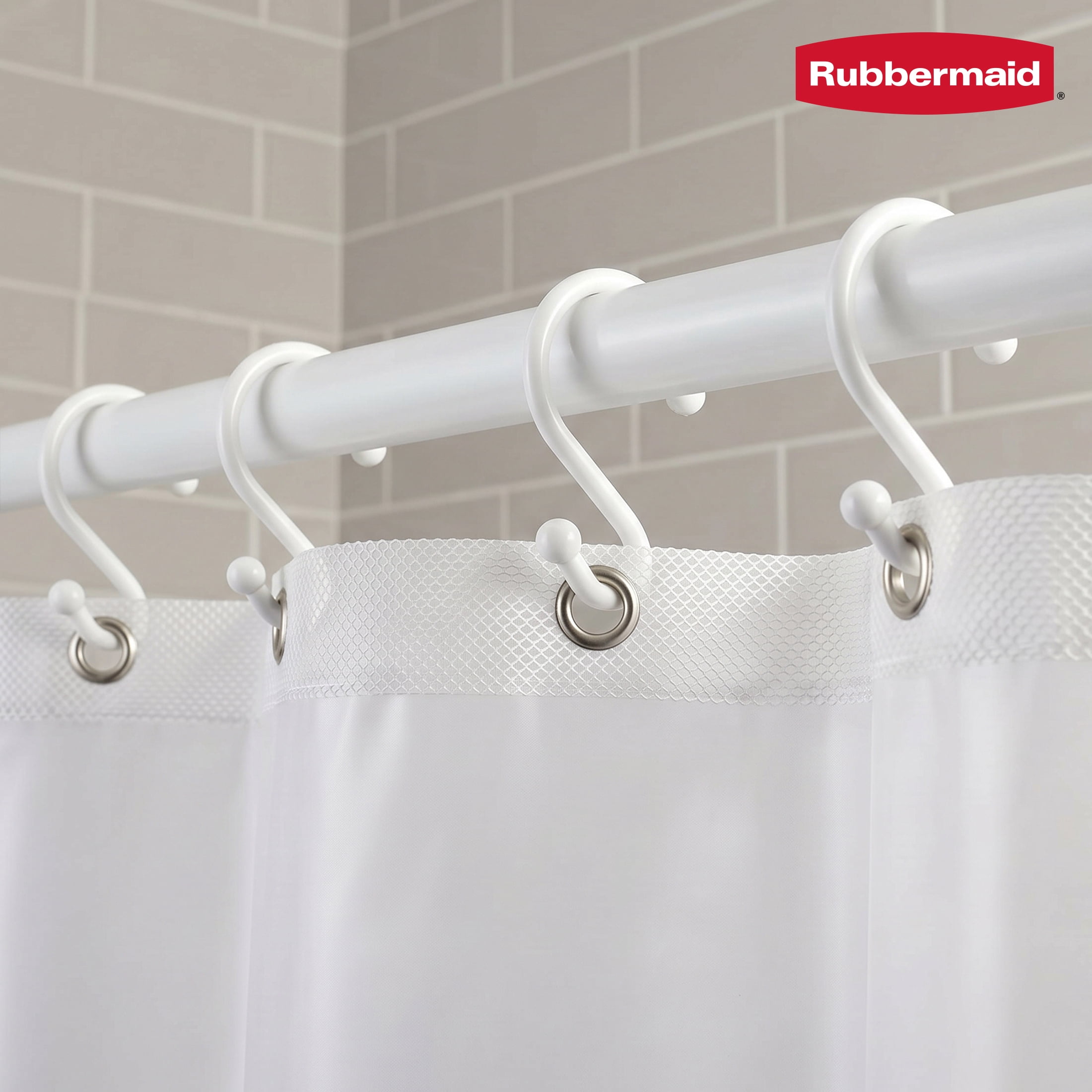 Rubbermaid White Plastic S-Shape Shower Curtain Hooks, 12 Count