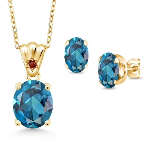 18K Yellow Gold Plated Silver London Blue Topaz and Red Garnet Pendant and Earrings Jewelry Set for Women (7.25 Cttw, Gemstone Birthstone, Oval 11X9MM and 8X6MM with 18 inch Silver Chain)
