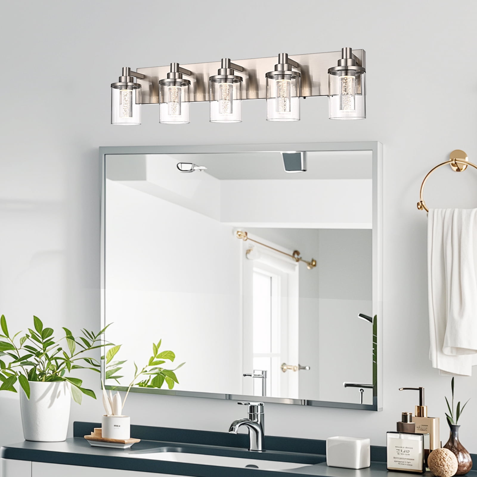 Melucee 5CCT Dimmable LED Brushed Nickel Vanity Lights 5-light, Modern Vanity Lighting Fixtures with Crystal Light Columns and Clear Glass for Bathroom Bedroom