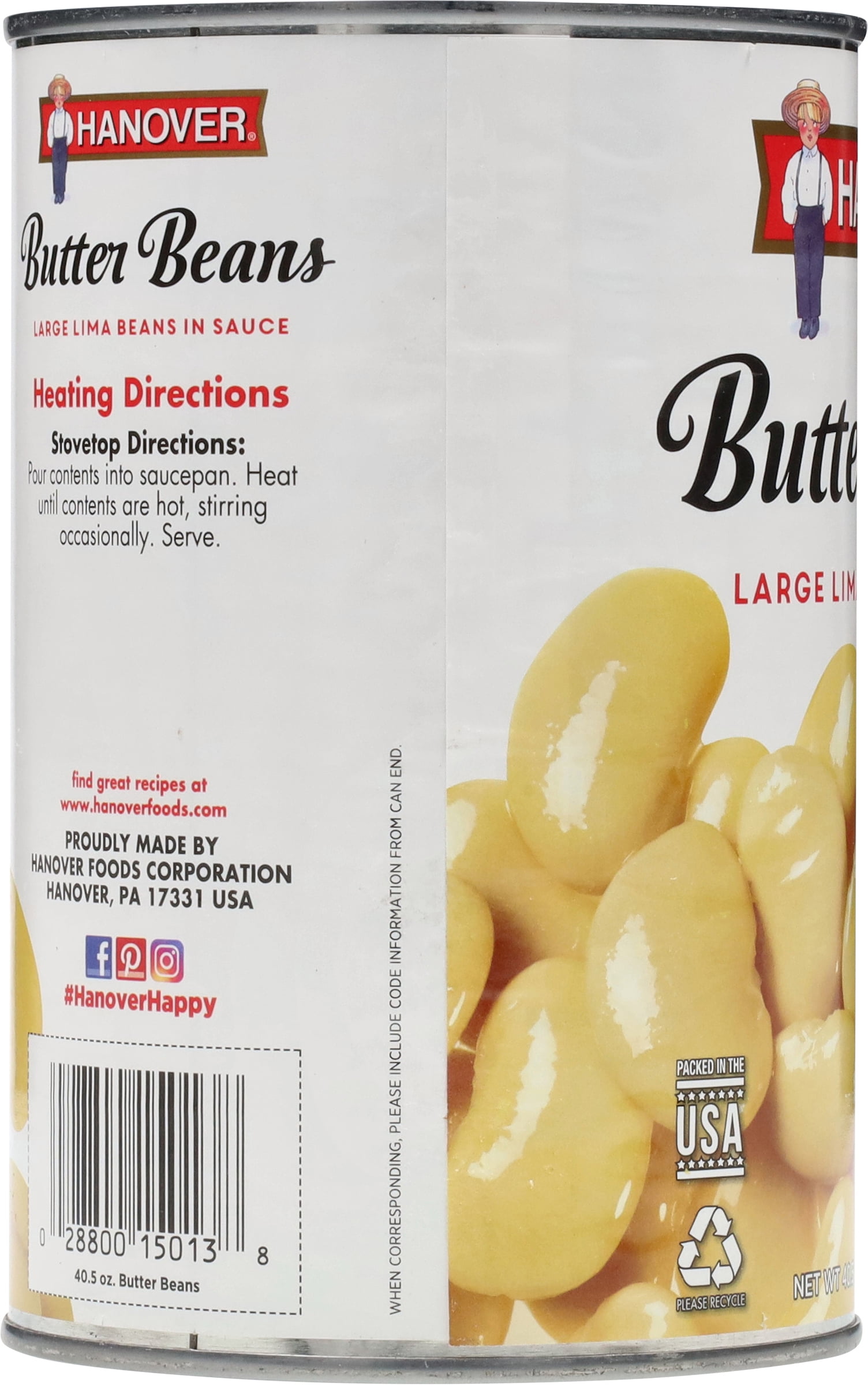 Hanover Butter Beans Large Lima Beans in Sauce, 40.5 oz Can – Family-Size Heat-and-Serve Side