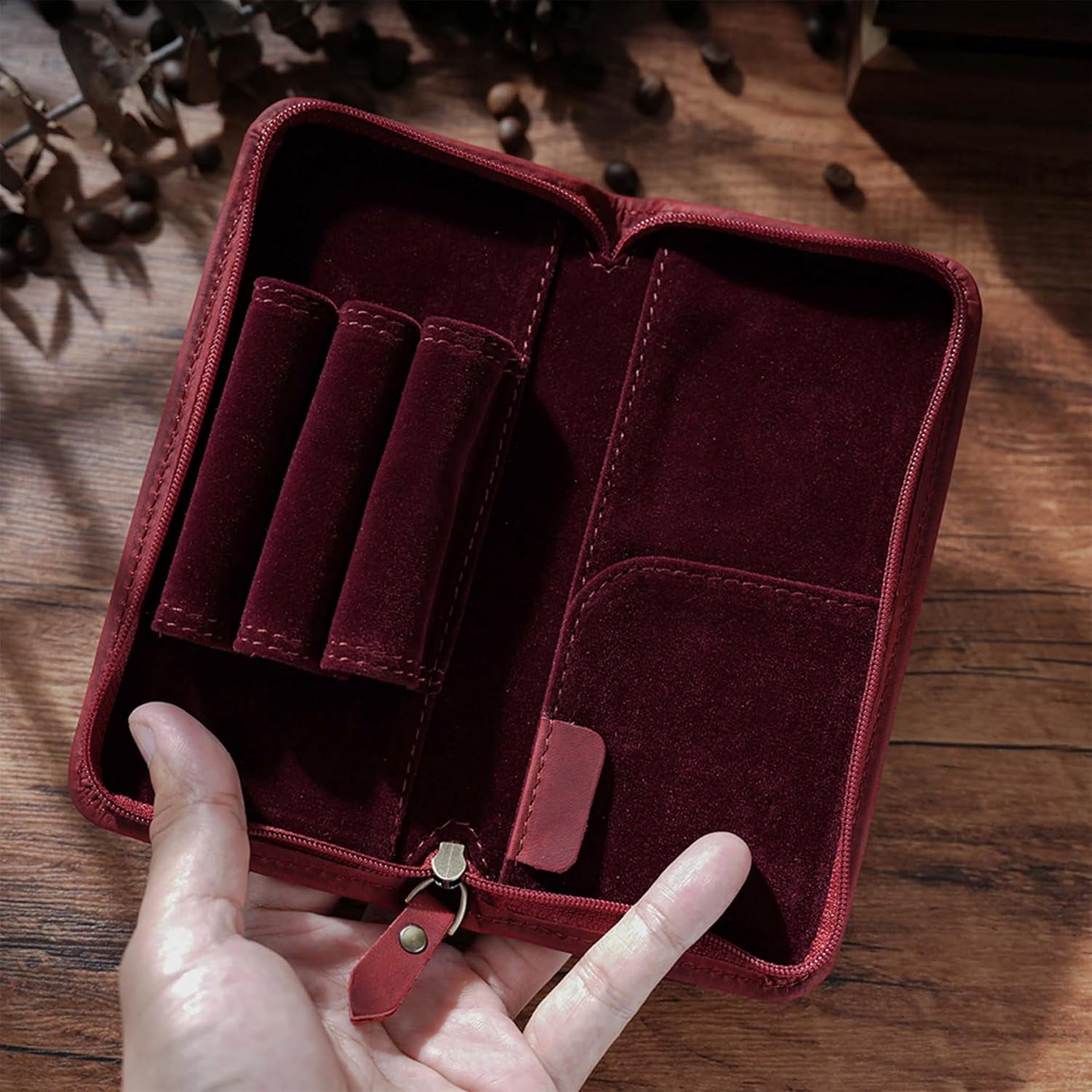 ABPETE Vintage Leather Fountain Pen Case 3 Divided Slots, Zippered Pen Case Pouch, Handmade Display Holder for Rollerball Pen (Red)