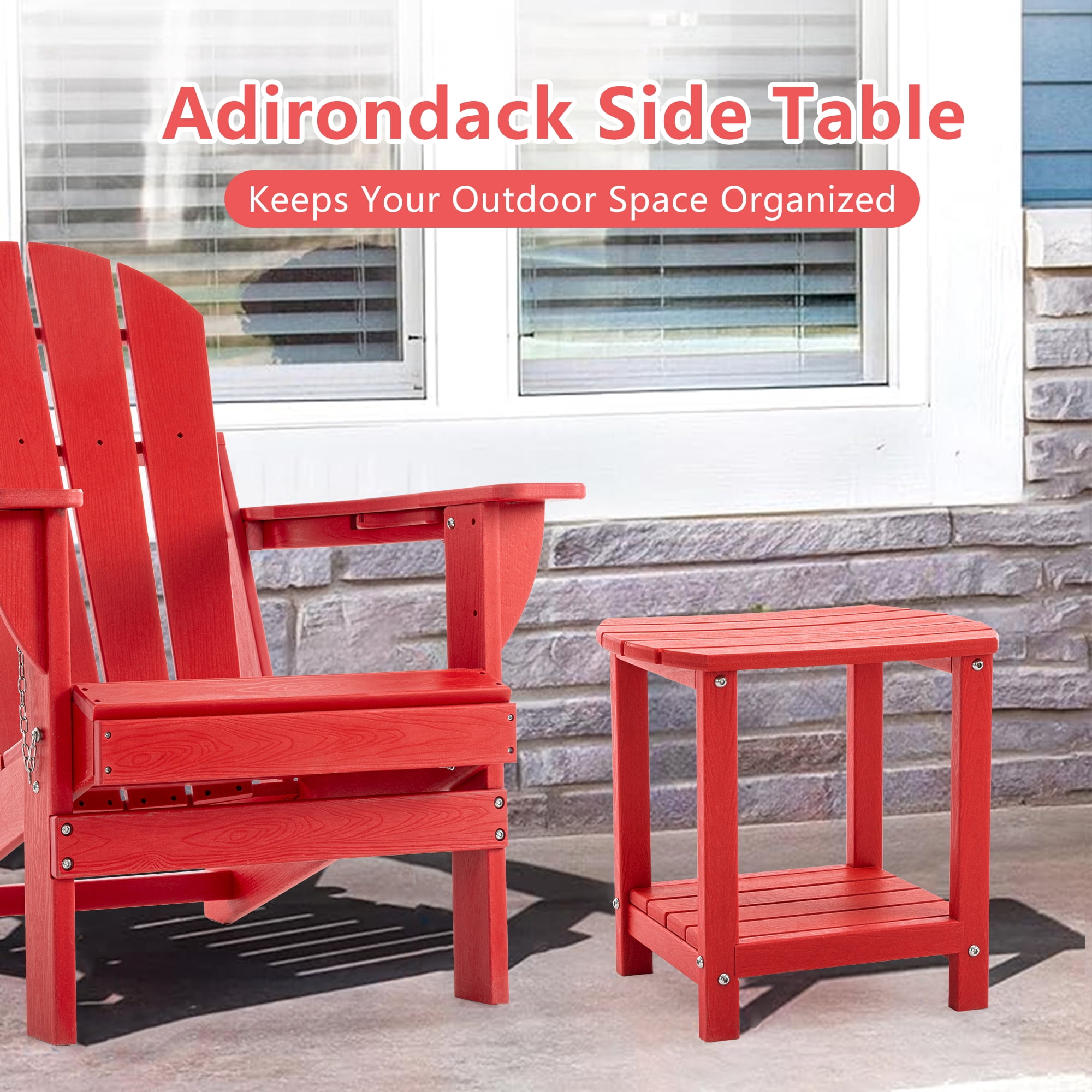 ENYLAY Adirondack Small Outdoor Side Table , Weatherproof HDPE Patio End Table with 2-Tier Storage for Firepit, Balcony, Garden, Poolside or Bathroom (Red, Set of 2)