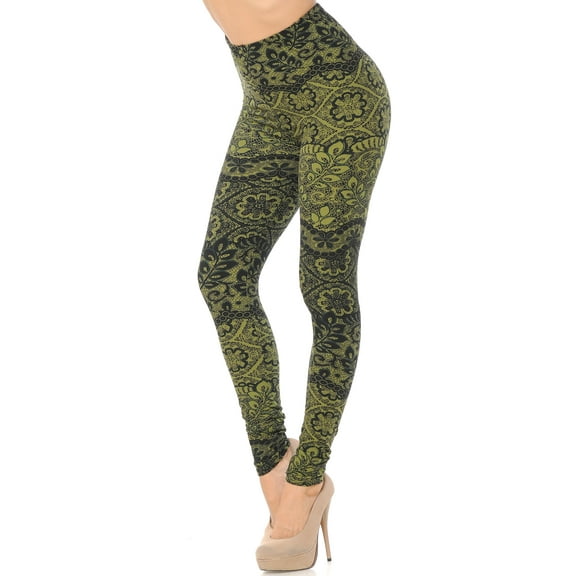 Buttery Soft Olive Leaf Leggings (One Size Regular,Olive)