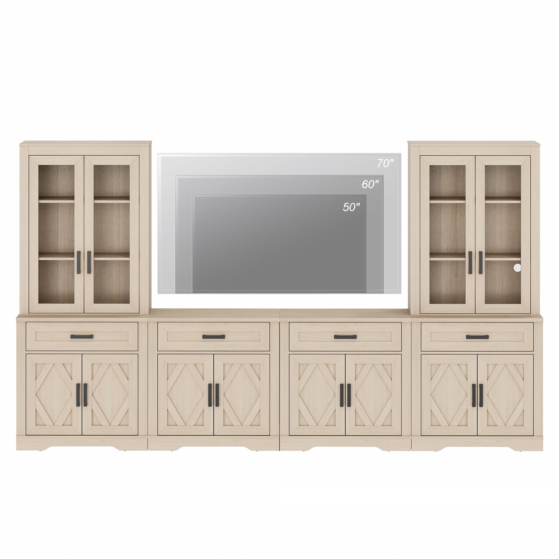 WAMPAT Farmhouse Entertainment Center with Bookshelf for TVs up to 70",Mid Century Modern TV Stand with 73"H Tall 5-Tier Bookcase with Open Storage and Barn Doors for Living Room,Bedroom,Beige