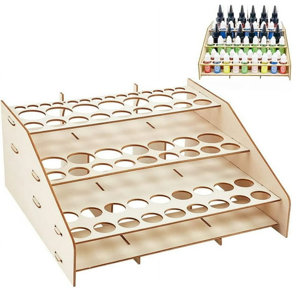 3-Layers Wooden Paint Organizer & Paint Brush Holder Wooden Craft Paint & Brash Rack Wood Grain Laminate Multi Layer Desk Stand Hold 50 Bottles