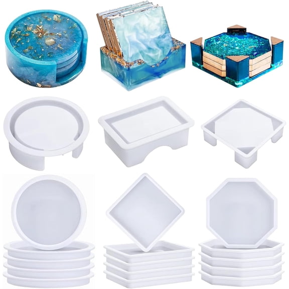 Demorex 18 Pcs Coaster Resin Molds Silicone, Coaster Molds with Round Square Octagon Shape Holder Molds for Epoxy Resin, DIY Art Craft Cup Mats
