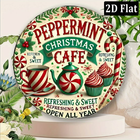 Vintage Peppermint Christmas Cafe Metal Sign 8*8 Inch Round Aluminum Wall Art with Festive Holiday Design, Perfect for Home, Kitchen, Bar, or Coffee Shop Decor Ideal Gift for Friends Family