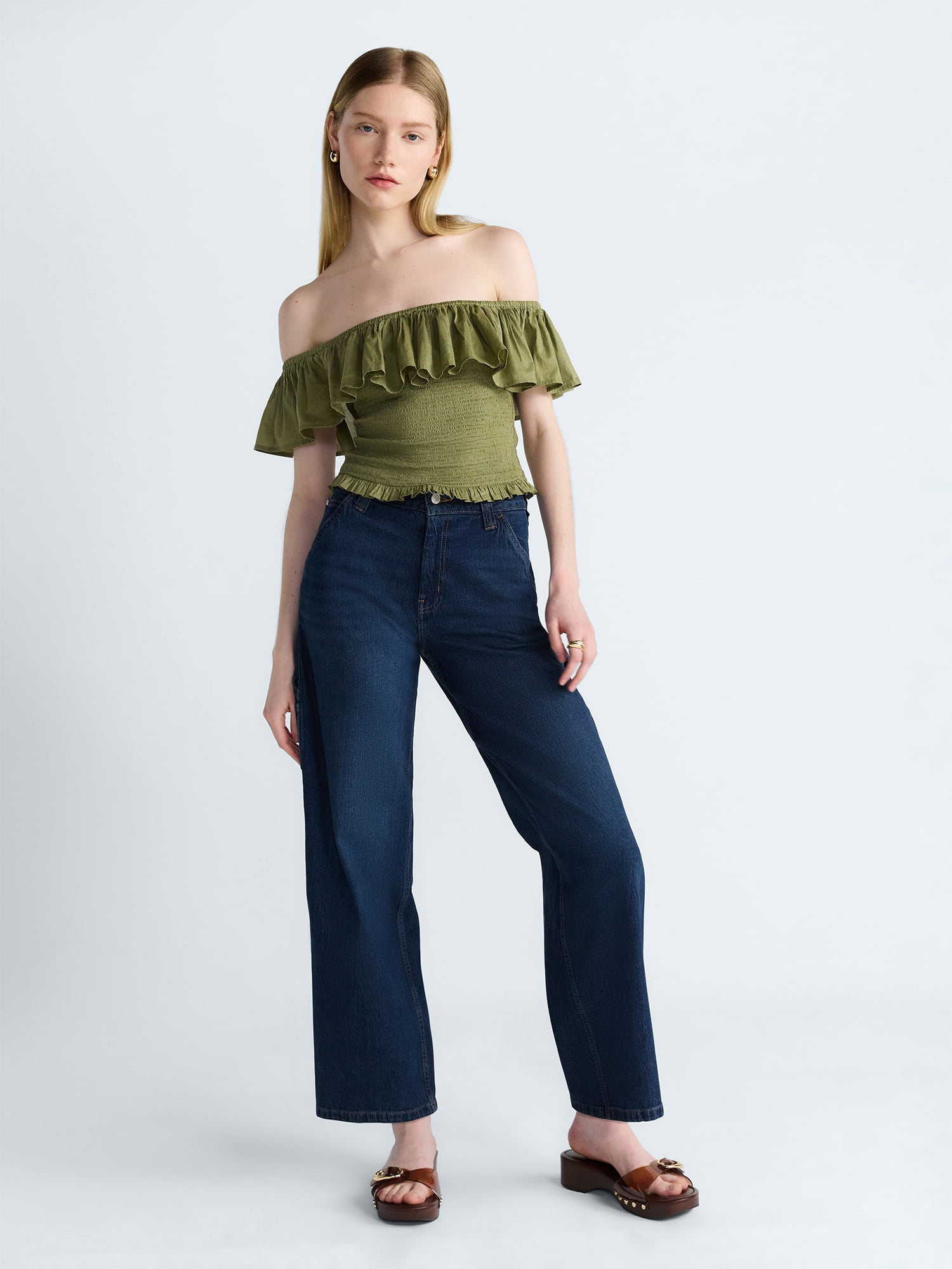 Scoop Women’s and Women’s Plus Off-the-Shoulder Smocked Ruffle Cotton Top, Sizes XS-4X