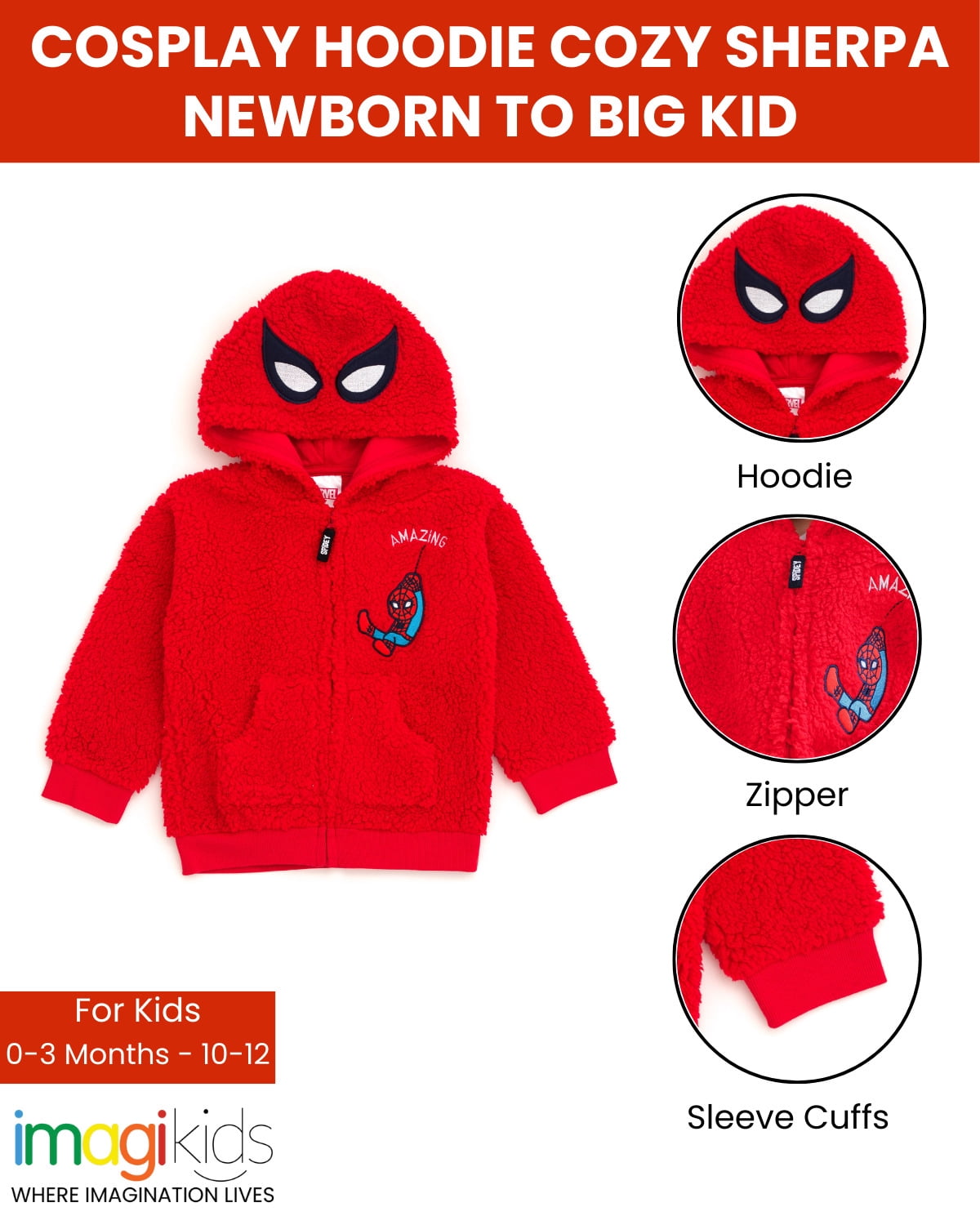 Marvel Avengers Spider-Man Cozy Sherpa Cosplay Hoodie Newborn to Big Kid