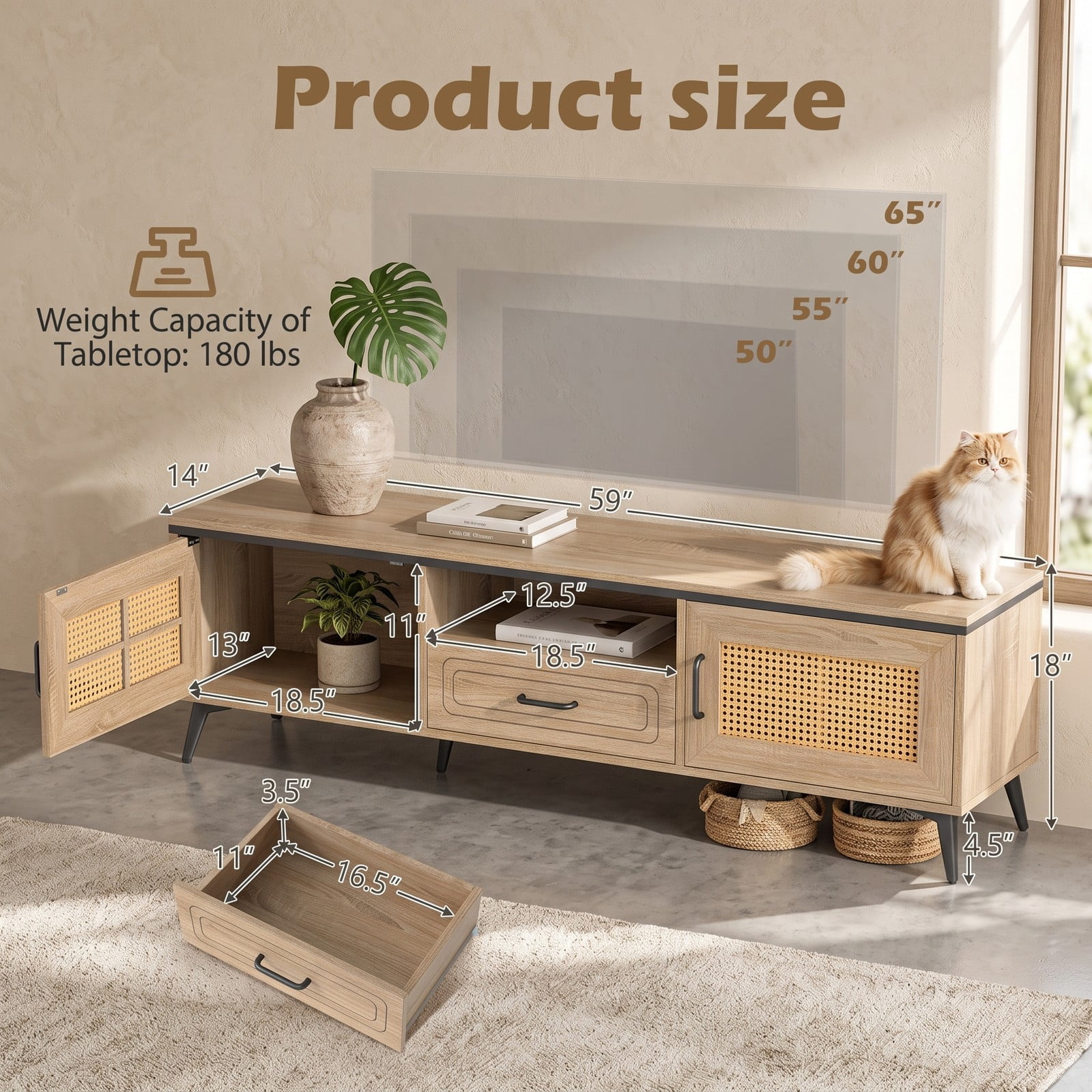 Furnibear Mid Century Modern Entertainment Center TV Stand for 65 Inch TV with 2 Cabinets, Storage Drawer and Cable Management, Faux Rattan Media Console with, Oak
