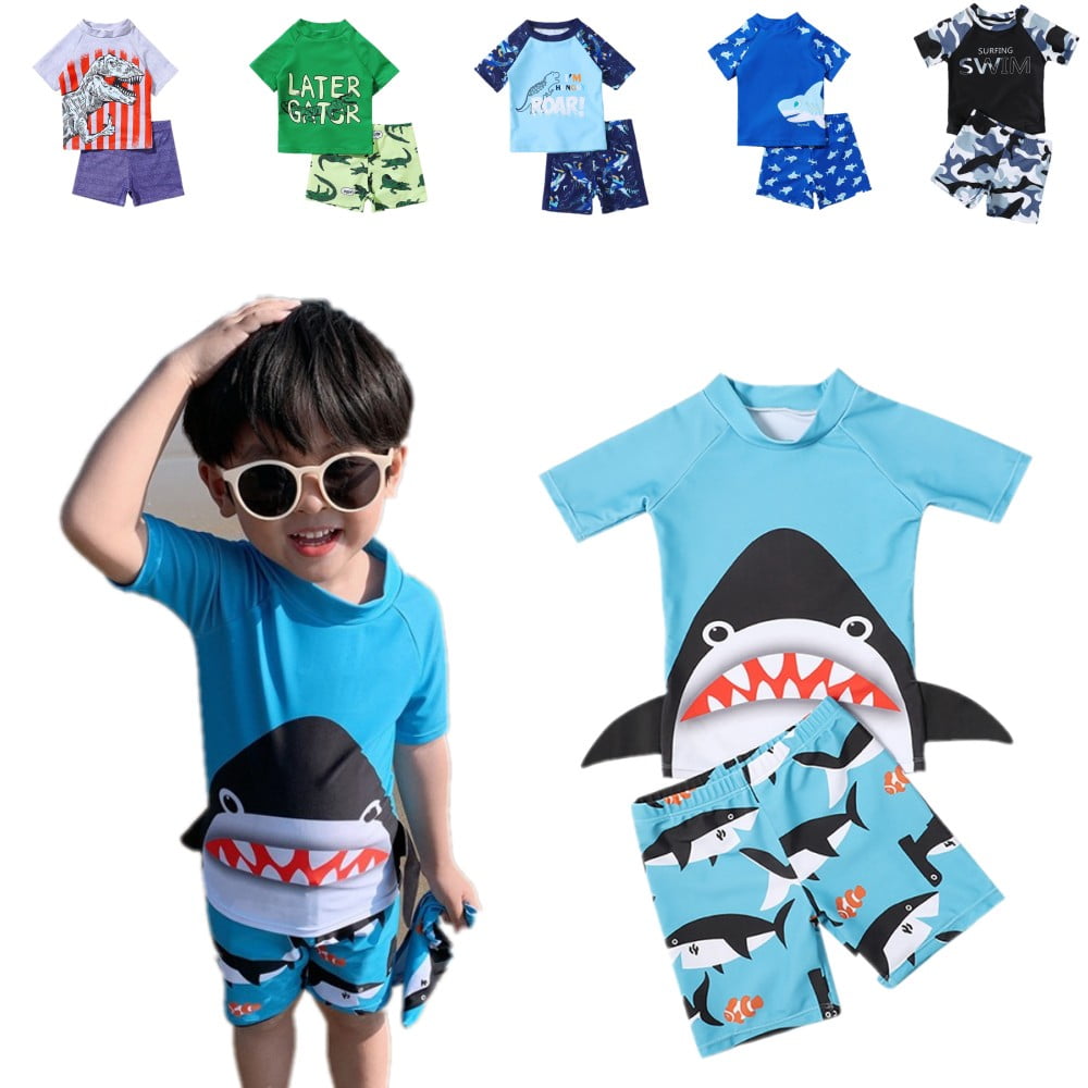Uccdo 2Pcs Toddler Boys Swimsuit Kids Cartoon Swimwear Bathing Suit