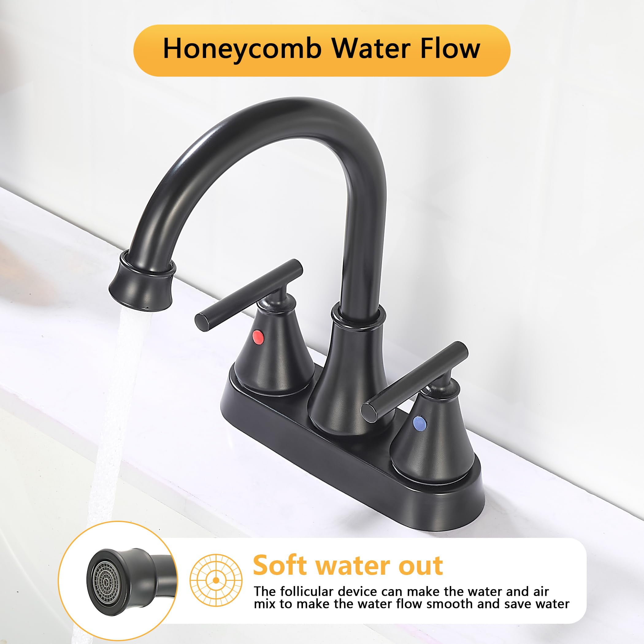 Kede Bathroom Sink Faucet 4 Inch 2 Handle Centerset Lead-Free Matte Black Modern Bathroom Faucet Vanity Faucet with Pop-up Drain Stopper and Supply Hoses