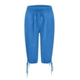 thumbnail image 5 of Dwellite Bermuda Shorts for Women Knee Length Long Shorts Elastic Waist Cotton Linen Summer Casual Pedal with Pockets Blue M, 5 of 5