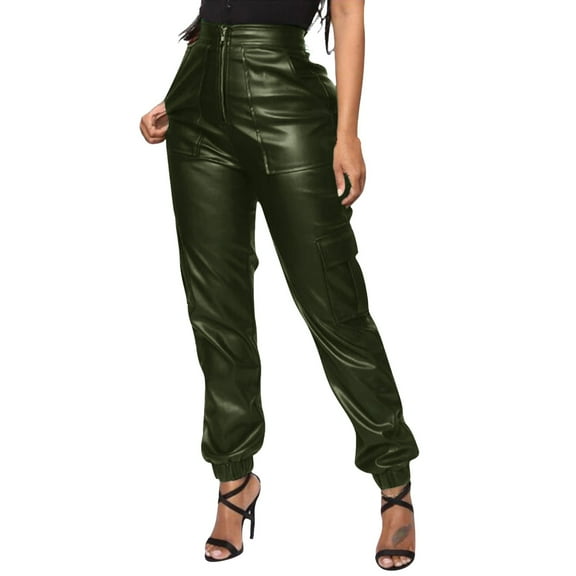 WTXUE Cargo Pants, Leather Pants Women's Faux Leather Loose Solid Pant High Waist Baggy Jogger Pant with Pockets, Womens Trousers Pantalones De Mujer Pantalones De Mujer, Olive green
