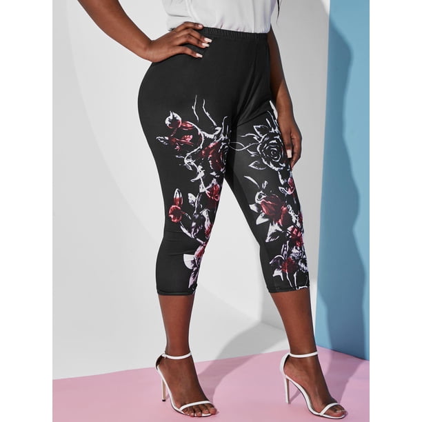 Talla grande Impresión floral Capri Leggings Rosegal Leggings de talla grande