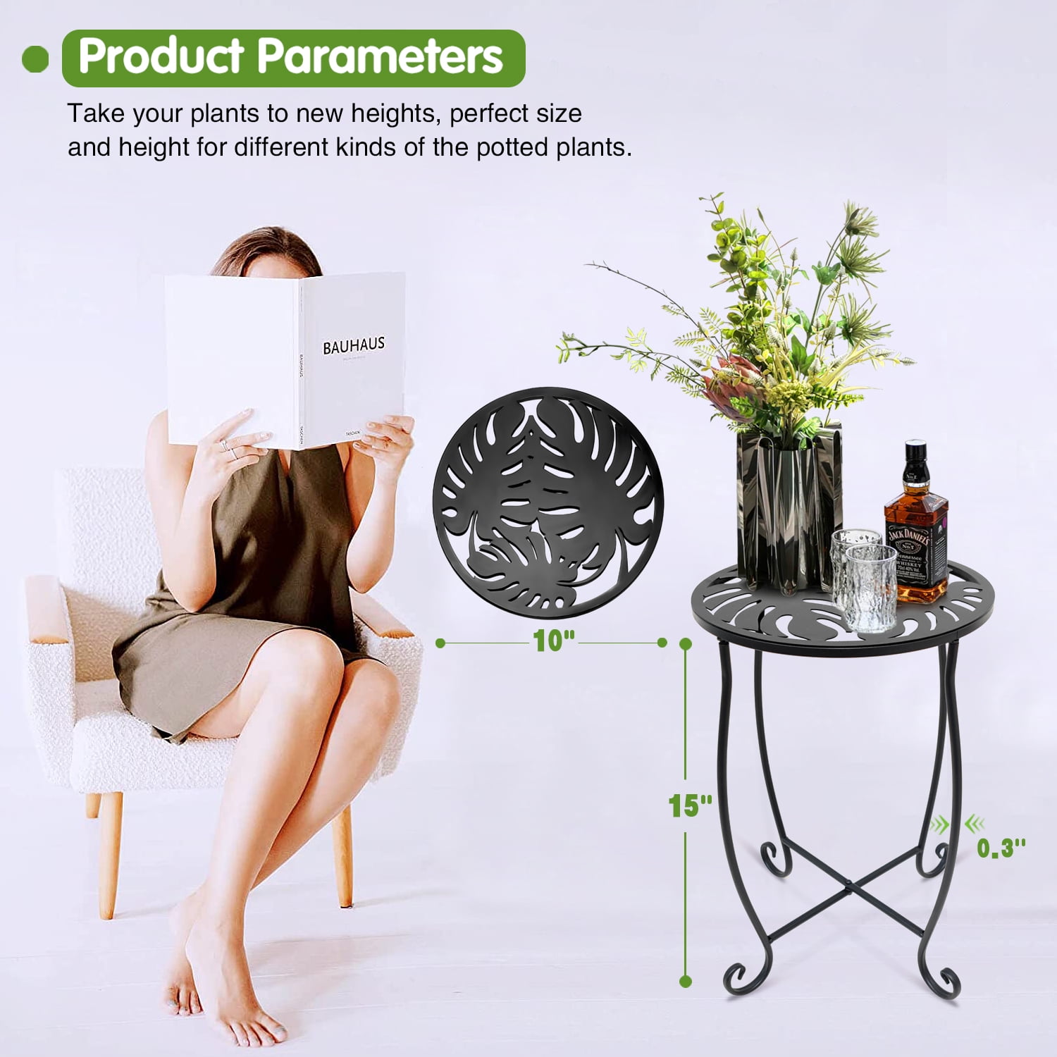2 Pack Indoor Outdoor Side Tables, Weather Resistant Metal Patio Side Table, Small Round Outdoor End Table Side Table for Patio Yard Porch Balcony Garden Bedside, Plant Stand for Indoor Outdoor