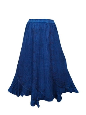 Mogul Women's Beautiful Rayon Skirt Dark Blue Enzyme Wash Gypsy Embriodered Long Maxi Flared Skirts L/XL