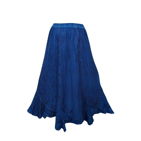 Gypsy Maxi - Mogul Women's Beautiful Rayon Skirt Dark Blue Enzyme Wash Gypsy Embriodered Long Maxi Flared Skirts L/XL