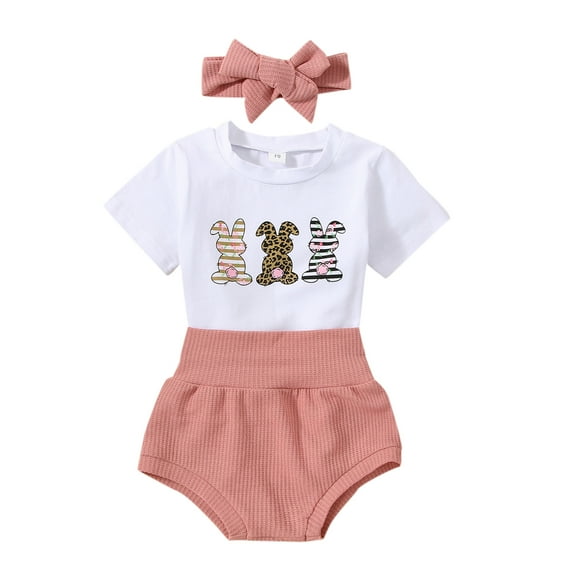 Okbabeha Newborn Baby Girl Easter Outfit My First Easter Outfit Short Sleeve Rabbit Print Romper Elastic Waist Shorts with Hairband 3Pcs Clothes Set
