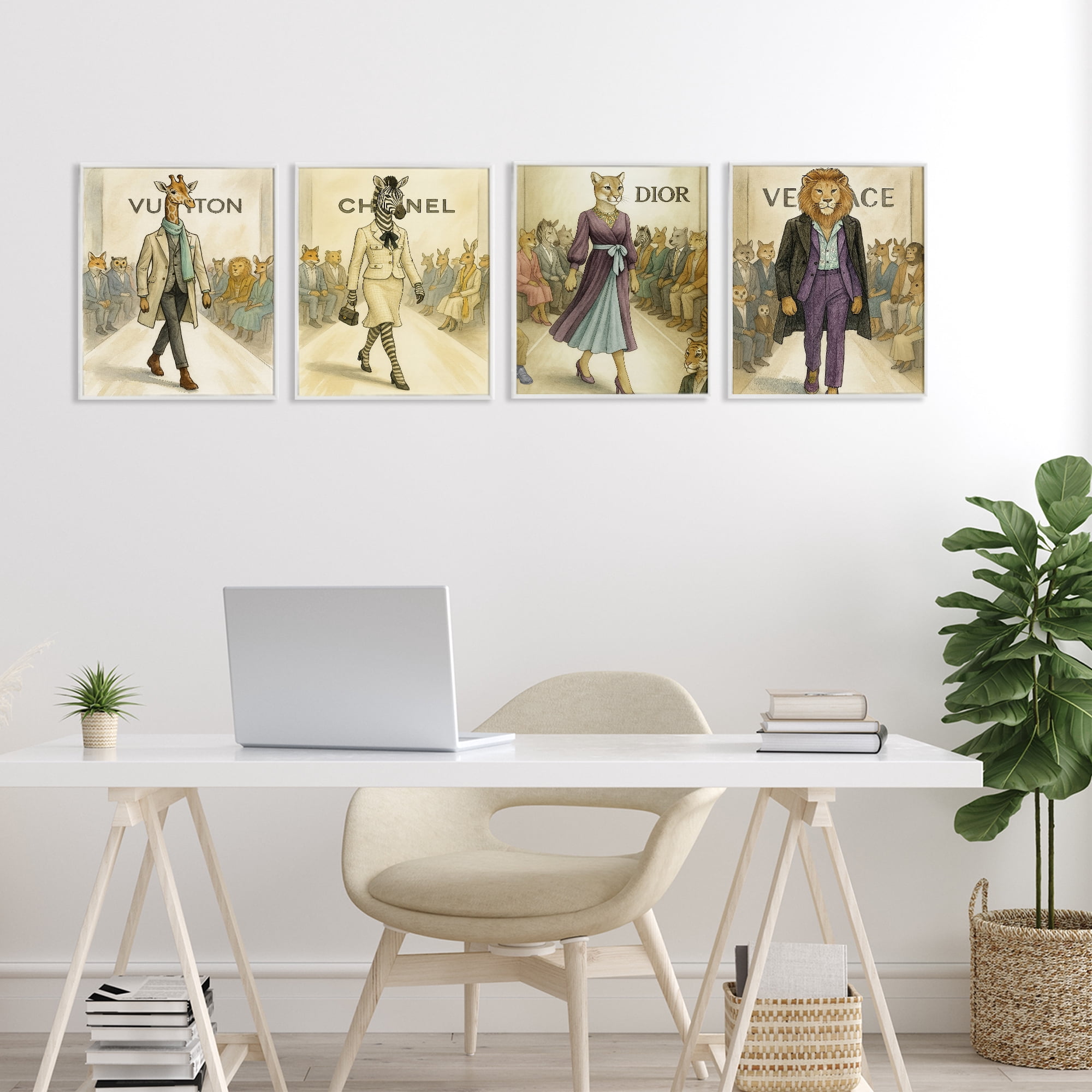 Stupell Industries Fashion Runway Animals 4 Piece White Framed Giclee Art Set, design by Grotto Studios