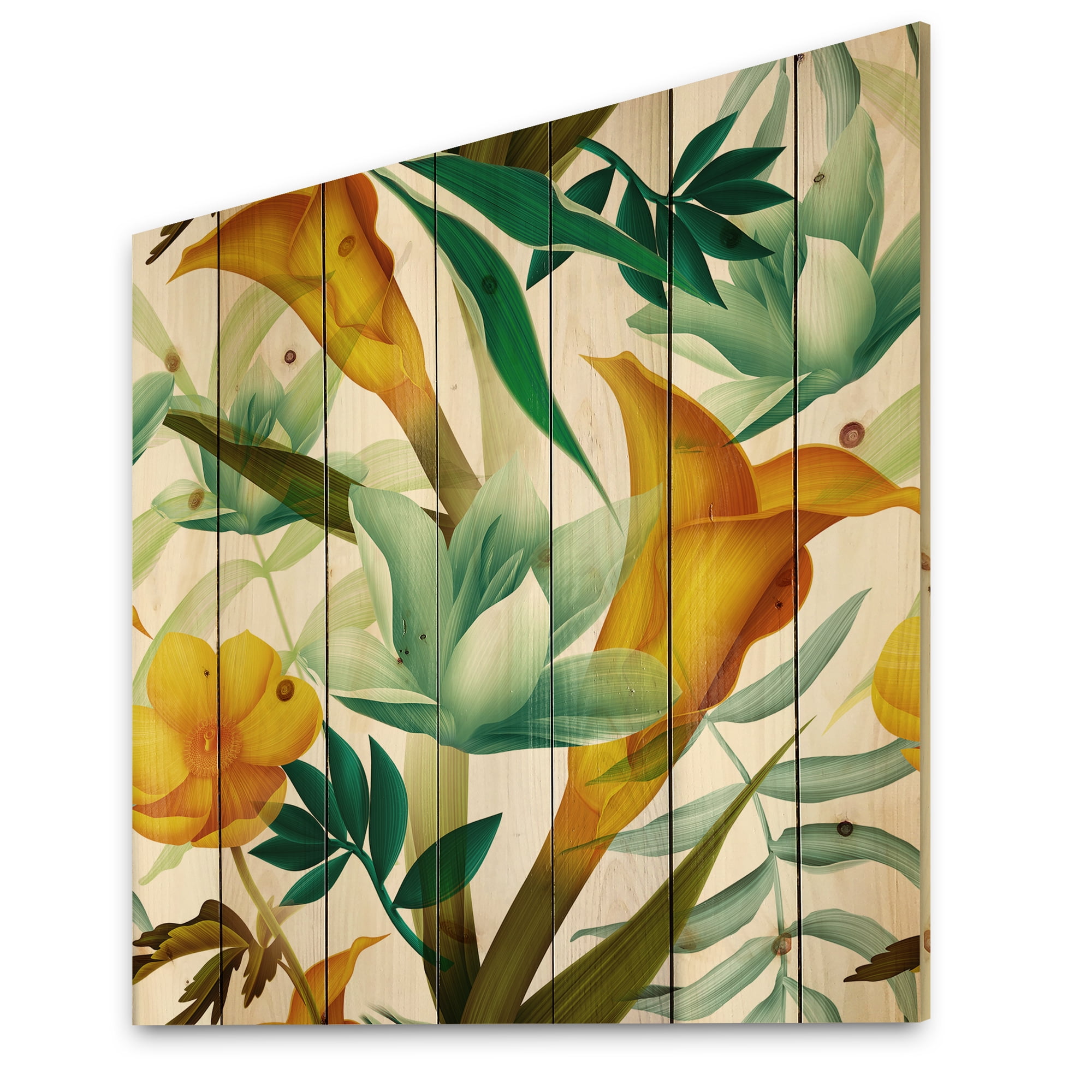 Designart 'Yellow Flowers and Tropical Foliage III' Modern Print on Natural Pine Wood
