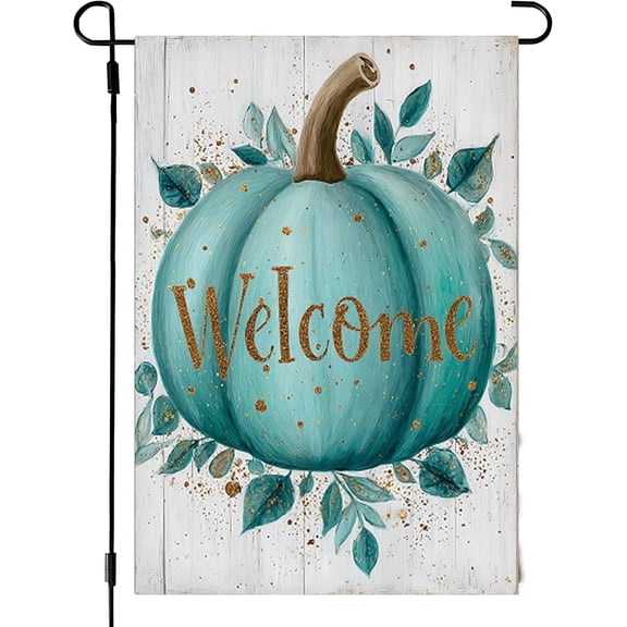 Double Sided Burlap Welcome Fall Garden Flag 12x18 Inch Blue Pumpkin Autumn Outdoor Yard Porch Decoration