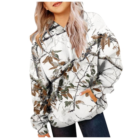 newwalpole Camo Hoodie Kids Cute Hoodies Maple Leaf Print Oversized Drop Shoulder Fleece Hooded Sweatshirt Pullover With Pocket (White, 9-10)
