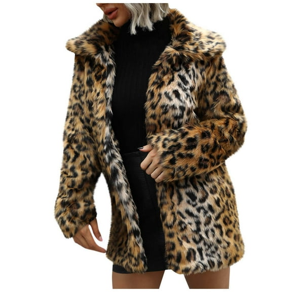 KBKYBUYZ Womens Ladies Warm Faux Fur Coatry Coat Jacket Winter Leopard Turn Down Collar Outerwear