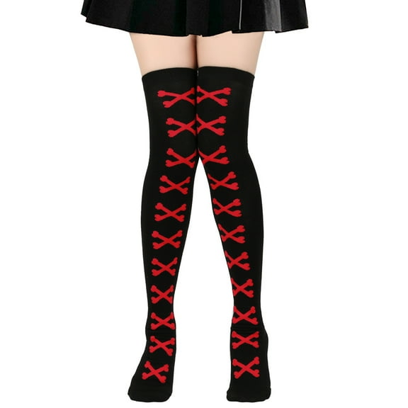 Nvzi-c 2 pairs Halloween Thigh High Long Stockings Over Knee Stockings Cosplay Festival Socks ，Black and Red bone