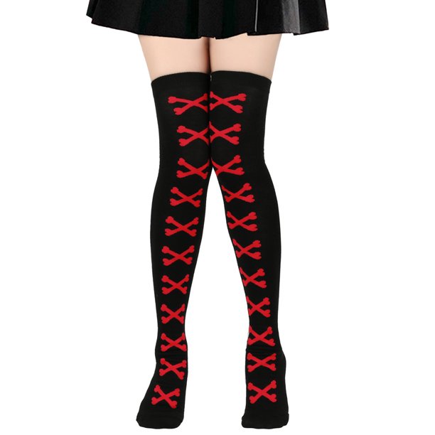 Zhuge 2 pares de medias largas hasta el muslo para Halloween, medias por encima de la rodilla, calcetines para festivales de cosplay, color negro y rojo hueso