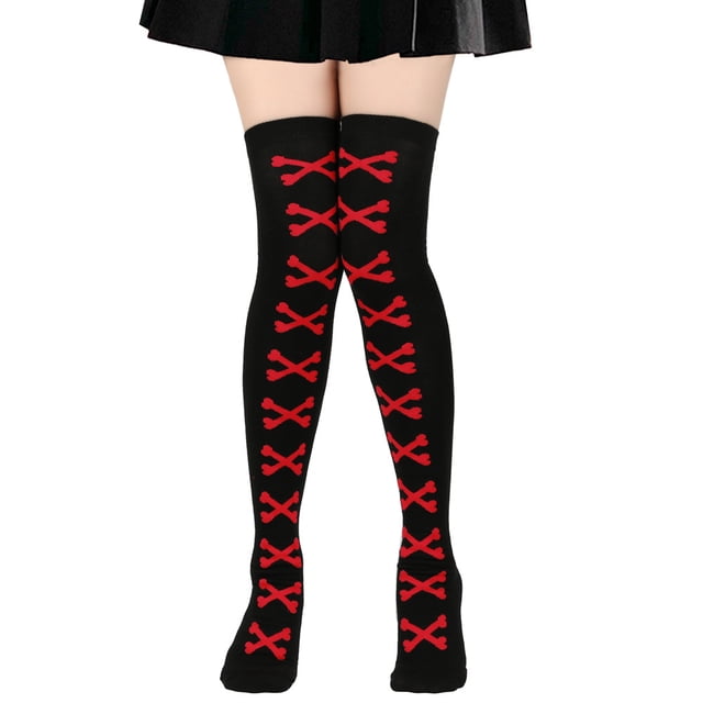 Xiao Hua Medias largas hasta el muslo para Halloween, por encima de la rodilla, para cosplay, festivales, color hueso negro y rojo.