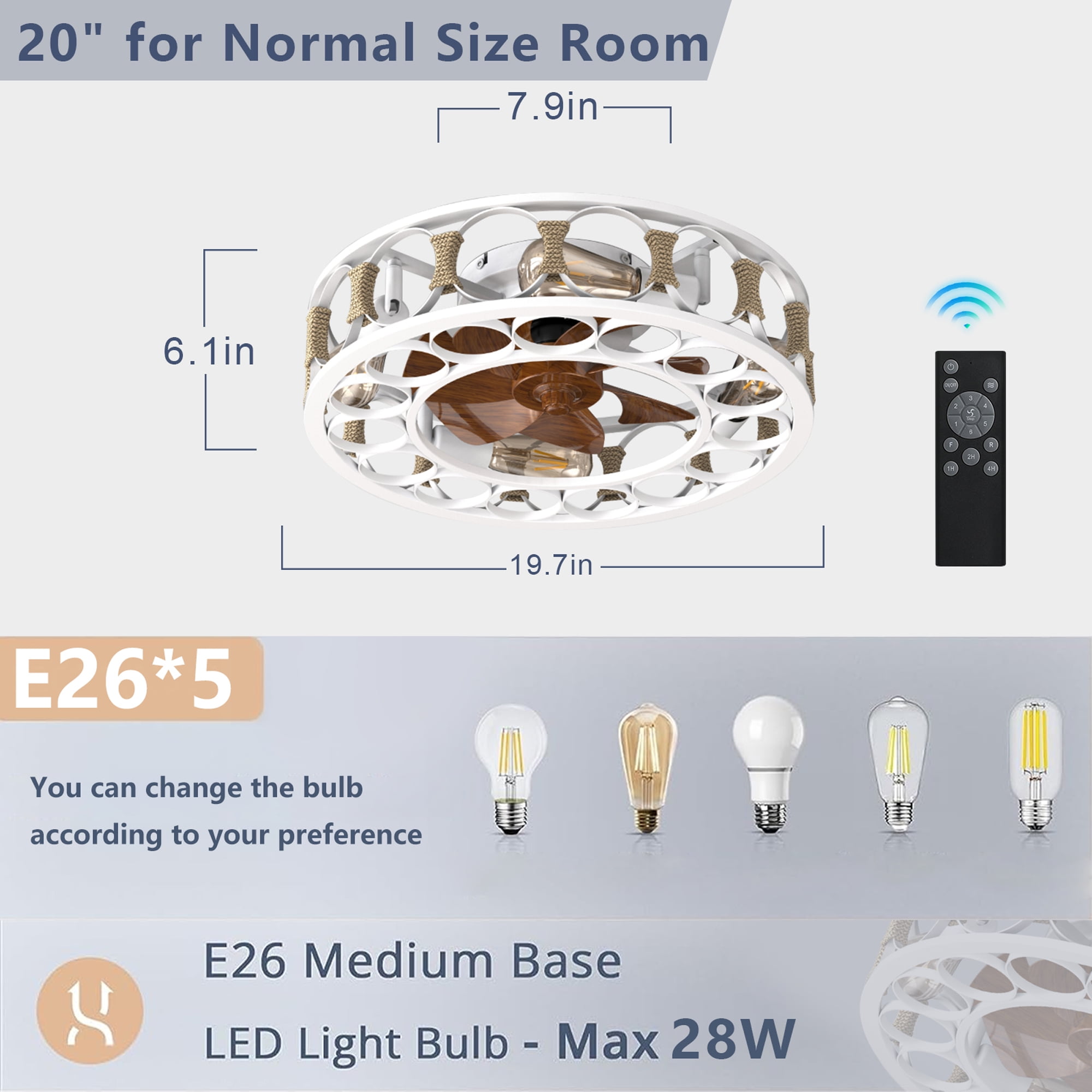 Aukfa 20" Caged Ceiling Fans with Lights and Remote, Low Profile Bladeless Caged Fan with 6 Speeds and Timing, White