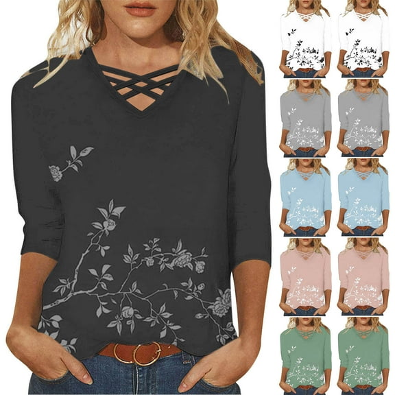 CYMMPU Summer Trendy Shirts 3/4 Sleeve Loose Fit Spring Tops Floral Pattern Blouses for Women Dressy Casual V Neck Business Elegant Work Tops T-Shirts Green XXXXL
